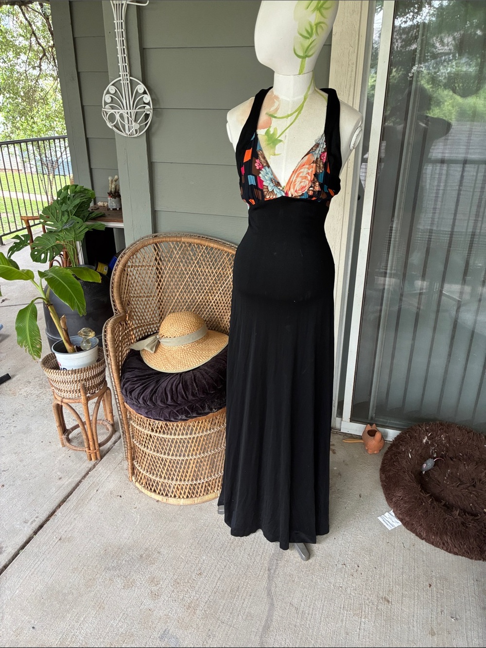 Vintage 1970s Young Edwardian Halter Maxi Dress with Floral Multicolor Bodice